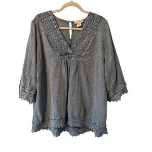 Rachel Zoe Womens 1X Boho Tunic Top Blue Embroidered Crochet Lace V-Neck